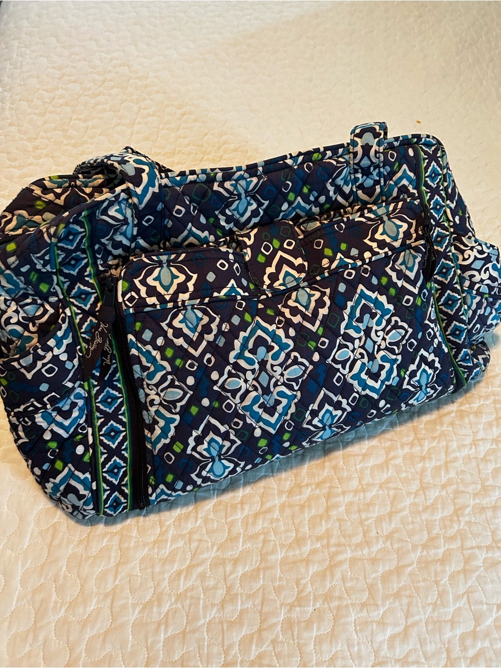 Vera Bradley Diaper Bag Quilted Patterned Women's Tote Bag in Navy, Teal & White